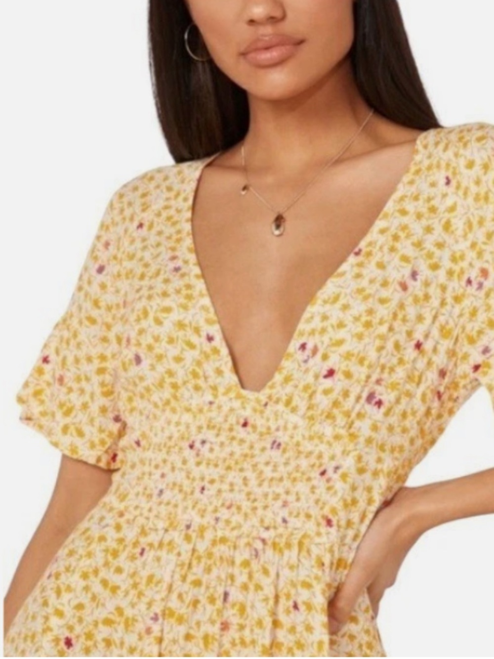 Free People In Full Bloom Midi Dress Goldenrod Ivory Floral Smocked Boho Women S - Picture 3 of 16